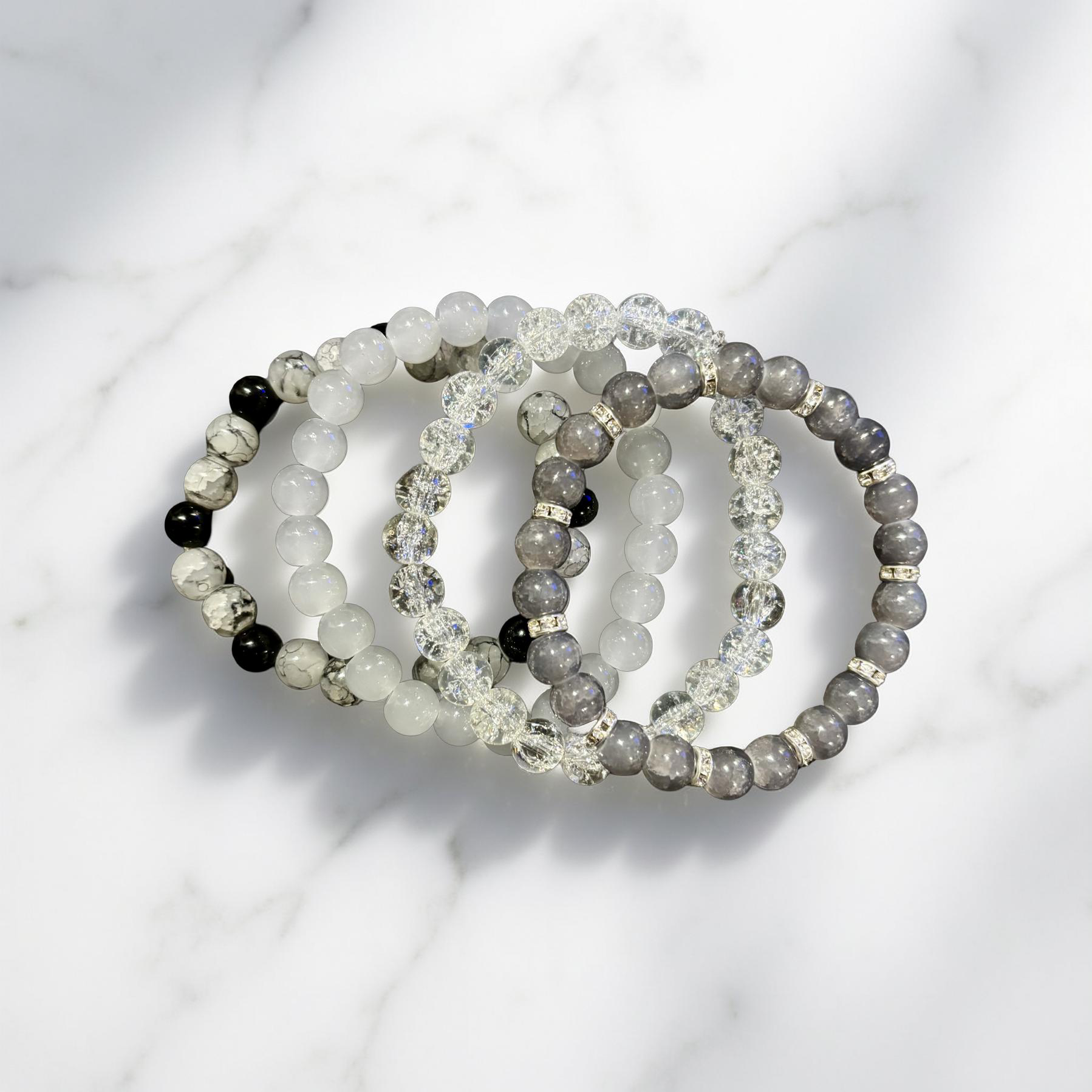 Neutral Gray & White Beaded Bracelet Stack